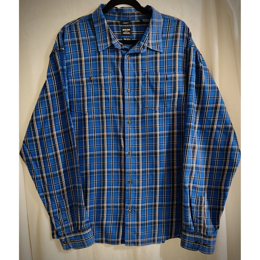 Prana Blue Plaid Button Down Men's Long Sleeve Shirt 100% Organic Cotton 2XL